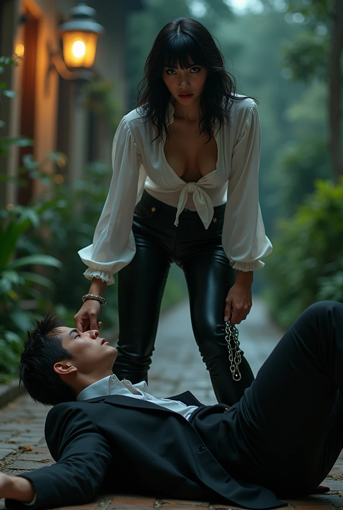 Beautiful Mistress,black bangs hairs,short height, wearing black boot-cut pants, wearing white blouse, wearing black low heel sandals,mistress shouting on man,man wearing suit, trampling man's face, man's face trampled by mistress foot , mistress puts her foot on man's face,man under mistress foot, man's face trampled by mistress foot, man lying down under mistress, man are handcuffed, surrendering against mistress, mistress victory posing on man, foot on face, femdom, garden , night
