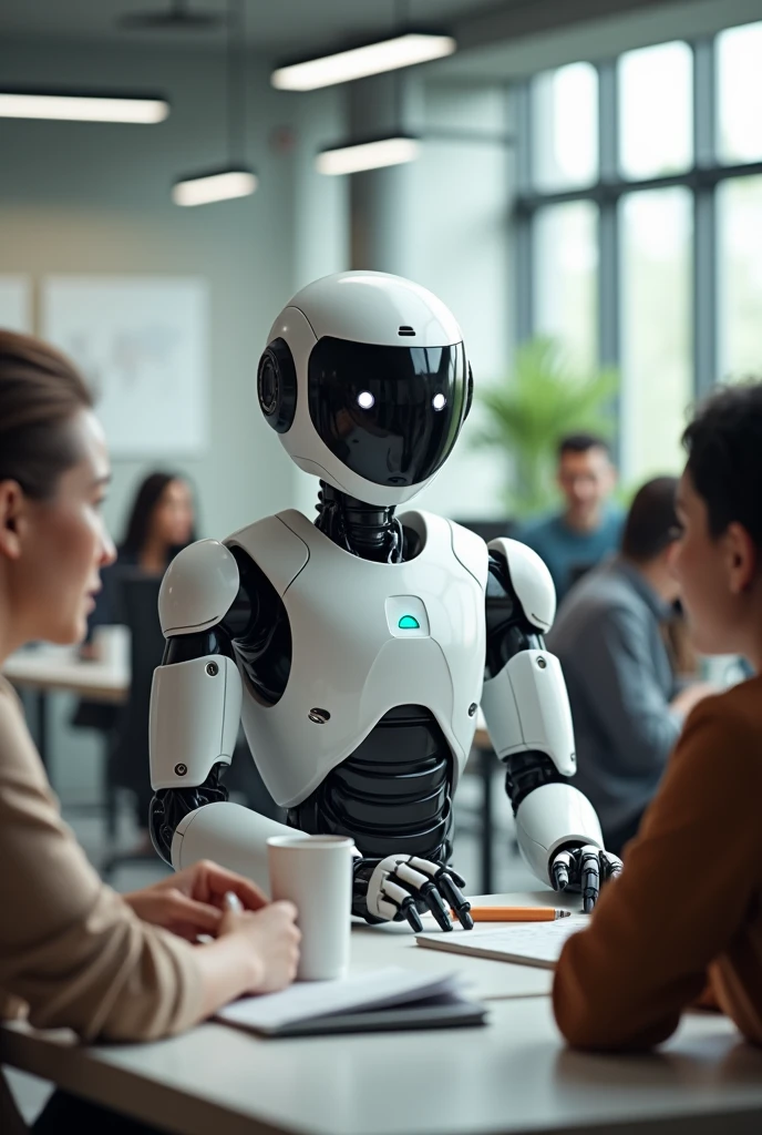 An android working in an office with different people