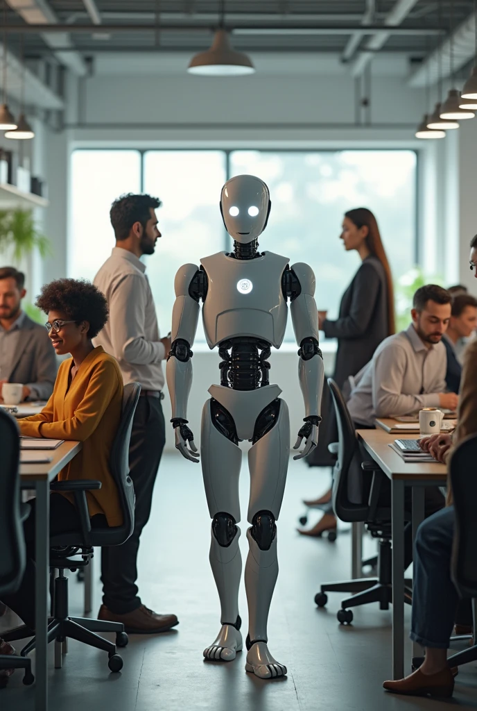 An android working in an office with different people