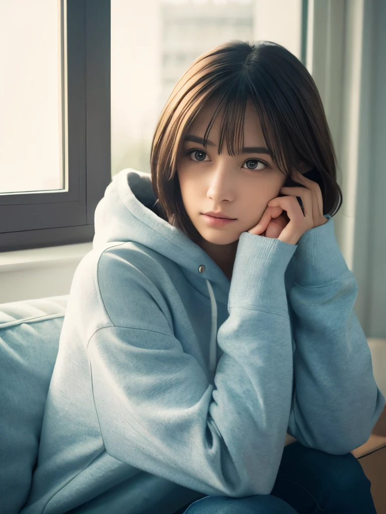 A highly detailed and realistic portrait of a young woman with short, smooth, dark brown hair styled in a bob with light bangs. She has a delicate and symmetrical face with large, expressive eyes that convey a soft, introspective gaze. The woman is wearing a light blue hoodie, which adds a casual and comfortable touch to her appearance. The setting appears to be indoors, with soft, natural lighting coming through a window, creating a calm and serene atmosphere. The light gently illuminates her face, highlighting the smooth texture of her skin and the soft fabric of the hoodie. The background is slightly blurred, keeping the focus on the woman’s thoughtful expression and her relaxed pose. The overall mood of the image is tranquil and introspective, capturing a moment of quiet reflection.