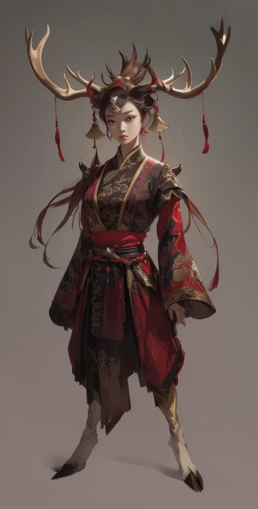 a woman in a red and black outfit with elk antlers on her head, beautiful character painting, by Yang J, epic exquisite character art, feng zhu concept art, stunning character art, by Lin Liang, amazing 8k character concept art, by Qu Leilei, palace, a girl in hanfu, by Feng Zhu, inspired by Feng Zhu, by Li Song, (masterpiece), best quality, expressive eyes, perfect face, xiuxian, chinagen, FantasyCore, Animal ear, (chinese woman with elk antlers and elk legs in a traditional chinese clothing), masterpiece, best quality, expressive eyes, perfect face, full body, dnd character design, female, girl, dnd, great quality, amazing detail, realistic, feminine, eyelashes, eyeliner, niji, beautiful, detailed highest, detailed texture, deer ears, deer hooves, deer feet, deer tail, hoof, Detailed Fur, 3d Render, Photorealistic, pretty, deer, hooves, eastern clothing, 1girl, furry female, antlers, elk antlers, high contrast, long sleeves, wine purple, brown and red clothes color, jewelry, deer legs, shoulder armor, ancient chinese hairstyle, Cervid, Deerfolk race, d&d, archeology professor, ribbons, fantasy race, faun, shoulder pads, hanfu, chinese clothes, hair ornament, hair bun, smart, professor, teacher, chinese scholar, chineses hair crown, hair up, body fur, ancient, oriental, eastern, ancient chinese female hairstyle, older, lady, gray background, respected, glasses, monical