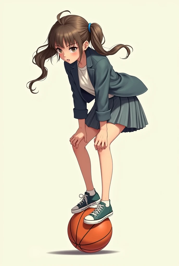 girl in blazer skirt and sneakers sitting on a small basketball. She has her hands on her knees and is bouncing on the basketball trying to pop it.
