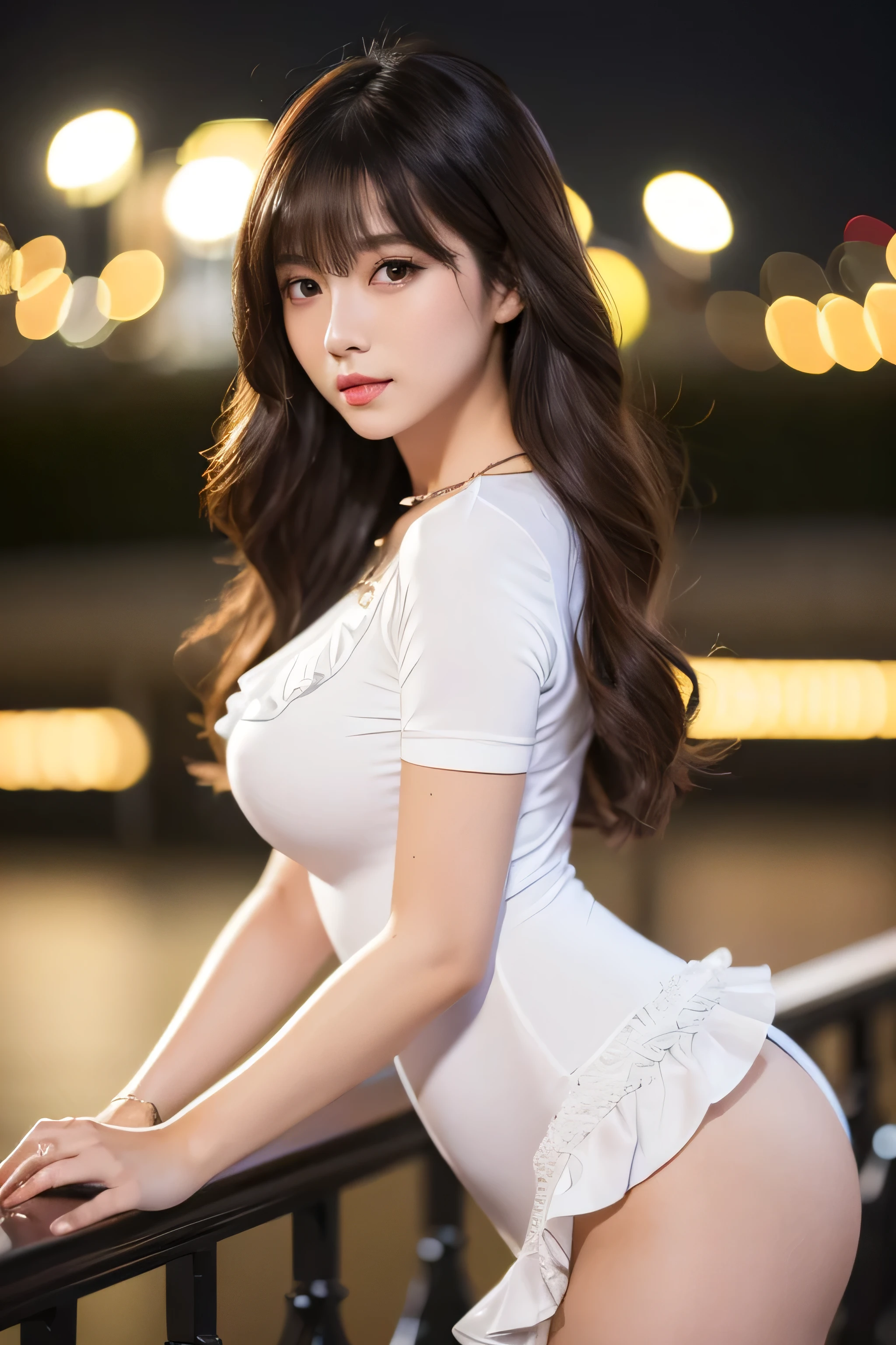 Stylish woman, Asian woman, double eyelids, brown eyes, open mouth ((height: 170cm, weight: 60kg) slender model), functional, 20-year-old woman, muscular, big eyes, elegant, healthy woman, (white ruffle bodysuit), long curly hair, bangs, dynamite body 1.1, breasts, buttocks, thighs, realistic, high quality 8K, perfect, best quality, night view, bokeh ball, necklace