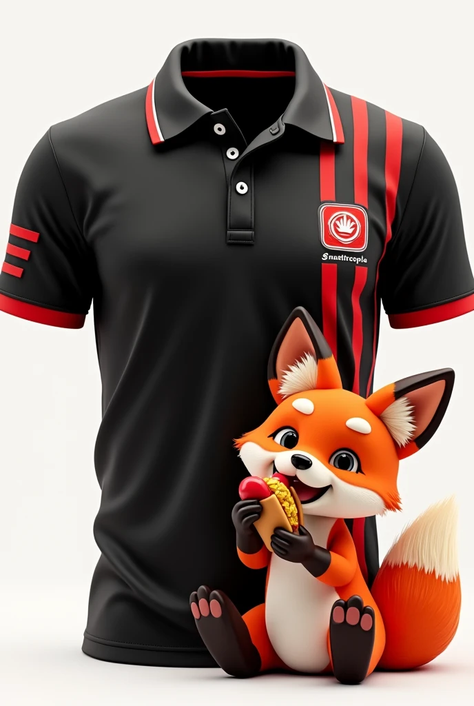 Black polo shirt with red lines and a small logo in the corner on the front of a cute little fox eating a hot dog that says snacktopia