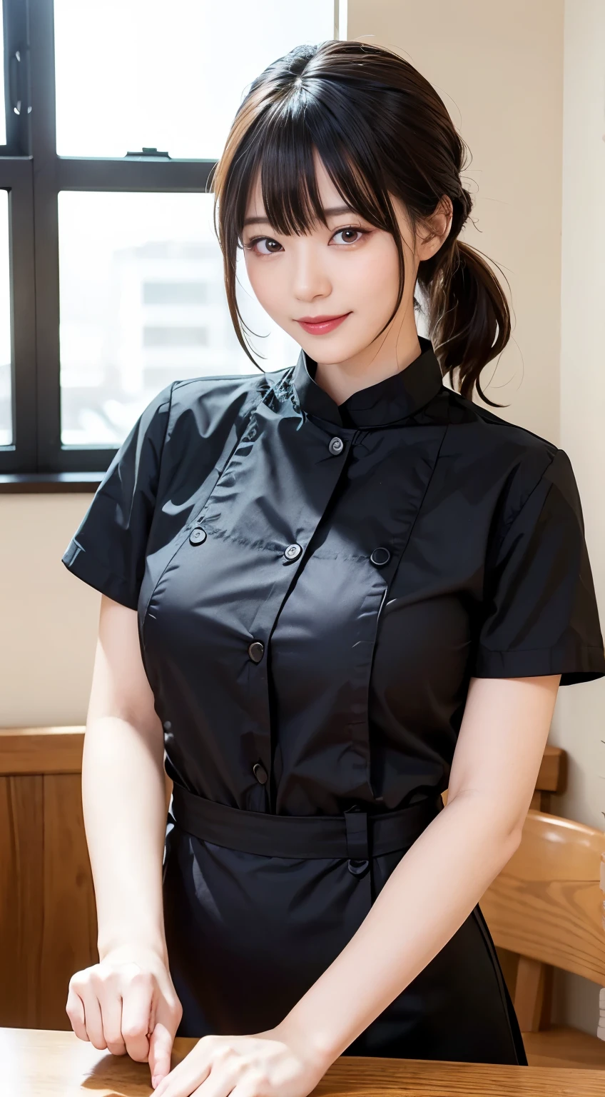 (Highest quality,masterpiece:1.3,Ultra-high resolution,),(Very detailedな,Caustics),(Photorealistic:1.4,RAW shooting,)Ultra-Realistic Capture,Very detailed,High resolution 16K human skin closeup。 Natural skin texture、,Pores、、、、It must be detailed enough to be easily identifiable。 Skin tone is even and healthy looking。 Use natural light and colour,restaurant,Waitress Uniform,1 girl,Japanese,1,cute,Black-haired,ponytail,Big Breasts,smile,Turn your body forward,(Front view:1.1),Looking at the camera,Cowboy Shot,