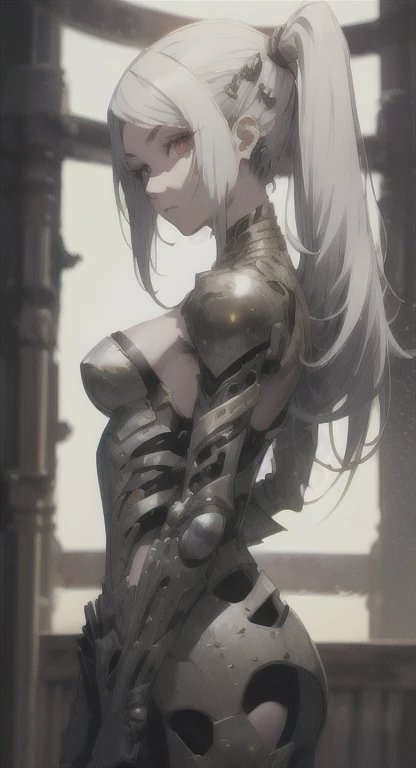 The first, android Rionyx, silver hair, red eyes, looking at viewer, ancien armor,