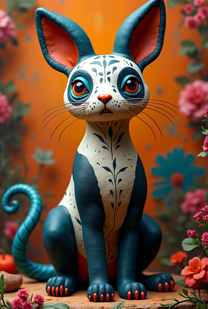 Make me an alebrije made of a rabbit, cat, panda  (the panda shape that stands out a little more) and Dragon 
