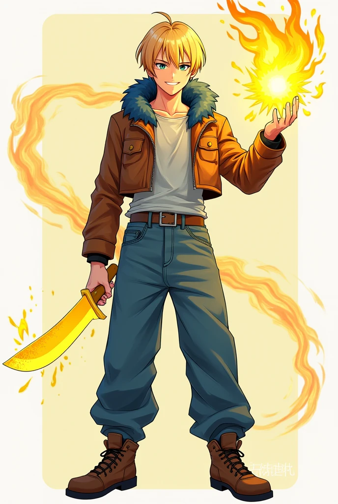 short hair, blond hair, Love, necessary, The best quality, anime, masculine, adult, attractive, handsome, straight hair, smile, presumed, simple background, Brown cropped leather jacket with blue polar fur on the hood, baggy jeans, brown sneakers, Yellow energy kunai in one of his hands, yellow energy particles around one of his hands, anatomically correct, anime