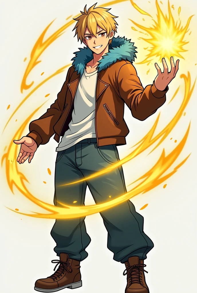 short hair, blond hair, Love, necessary, The best quality, anime, masculine, adult, attractive, handsome, straight hair, smile, presumed, simple background, Brown cropped leather jacket with blue polar fur on the hood, baggy jeans, brown sneakers, Yellow energy kunai in one of his hands, yellow energy particles around one of his hands, anatomically correct, anime