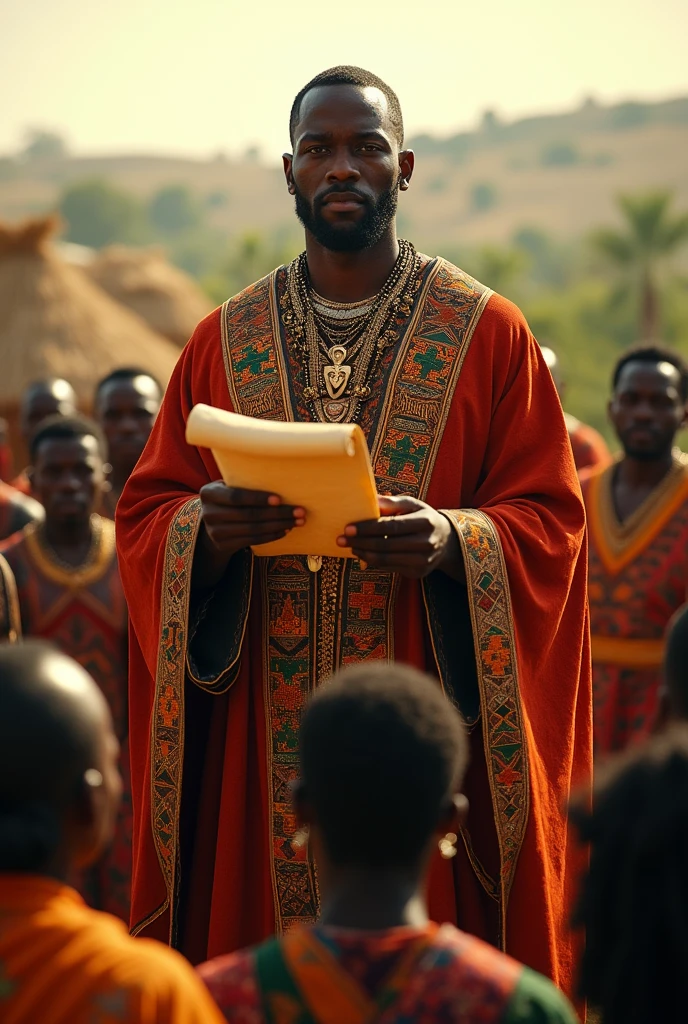 An African king standing and reading to his village