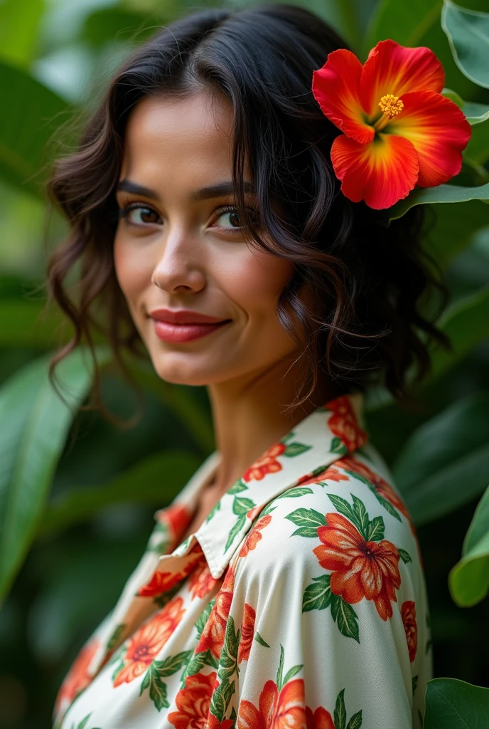 A Brazilian woman in a lush tropical garden, wearing an open shirt with a floral print, with a close-up capturing the harmonious beauty between her breasts and the natural flowers, showing off your natural charm and outgoing personality.