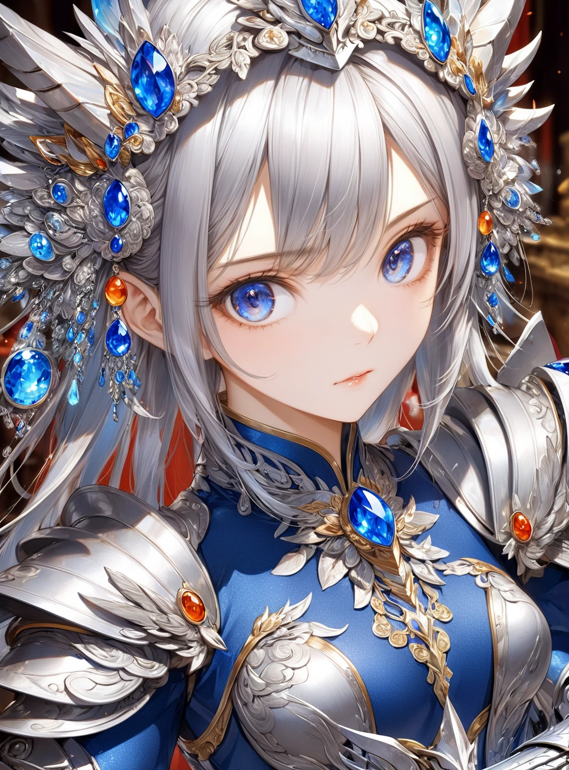 Close-up of woman in silver and blue dress, Chengwei Pan at Art Station, Jan J, Detailed fantasy art, Amazing character art, Fan Art Best Art Station, Magnificent and elaborate character art, Beautiful Armor, Highly detailed art gems, Detailed digital anime art, Art Station pixiv's artgerm, Girl in Armor