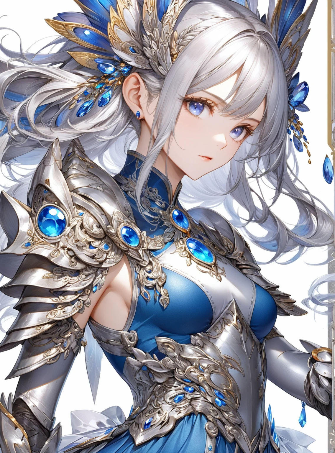 Close-up of woman in silver and blue dress, Chengwei Pan at Art Station, Jan J, Detailed fantasy art, Amazing character art, Fan Art Best Art Station, Magnificent and elaborate character art, Beautiful Armor, Highly detailed art gems, Detailed digital anime art, Art Station pixiv&#39;s artgerm, Girl in Armor