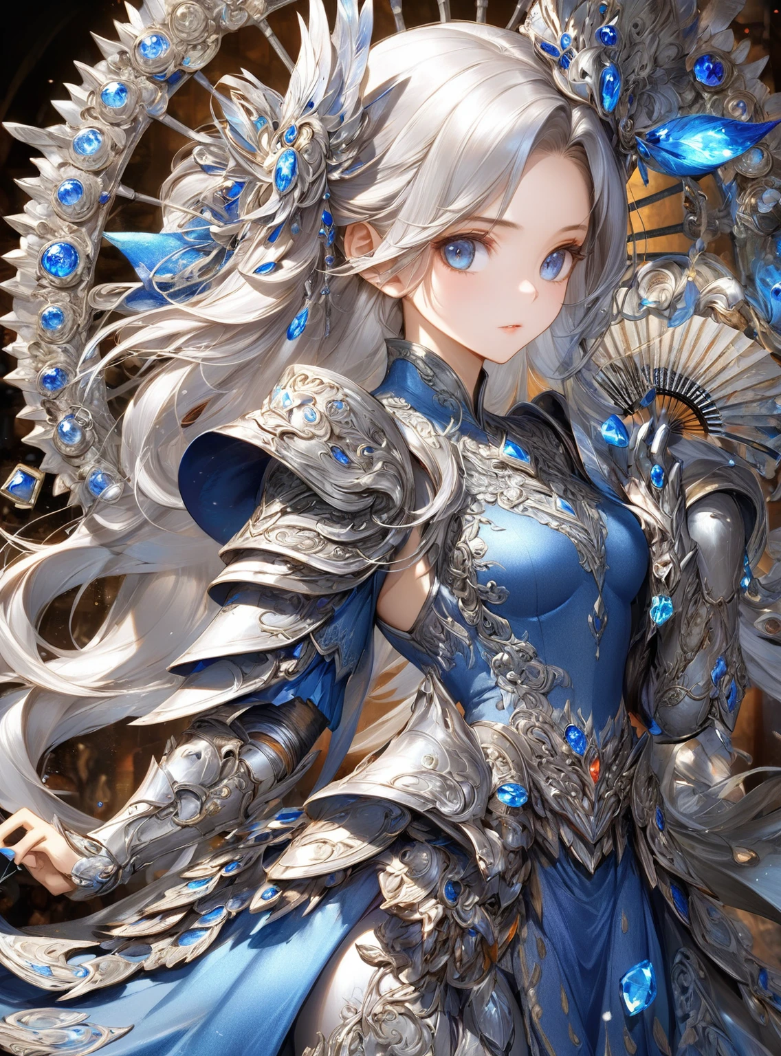 Close-up of woman in silver and blue dress, Chengwei Pan at Art Station, Jan J, Detailed fantasy art, Amazing character art, Fan Art Best Art Station, Magnificent and elaborate character art, Beautiful Armor, Highly detailed art gems, Detailed digital anime art, Art Station pixiv's artgerm, Girl in Armor