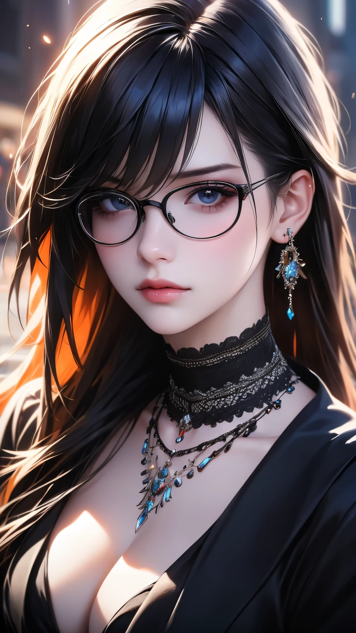 1girl, jewelry, glasses, solo, necklace, long hair, looking at viewer, earrings, bangs, black choker, lips, black-framed eyewear, blurry, blurry background, rolls her eyes, close-up, cinematic lighting, bright colors, photorealistic, concept art style, high quality, 8K, HDR, physical rendering, extreme detail, blur, depth of field, blurred foreground,