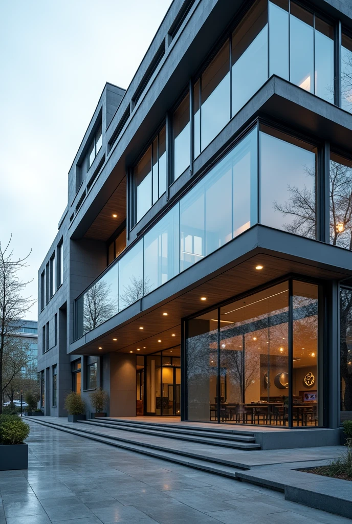 Exterior view of a building with a modern design from a very close-up
