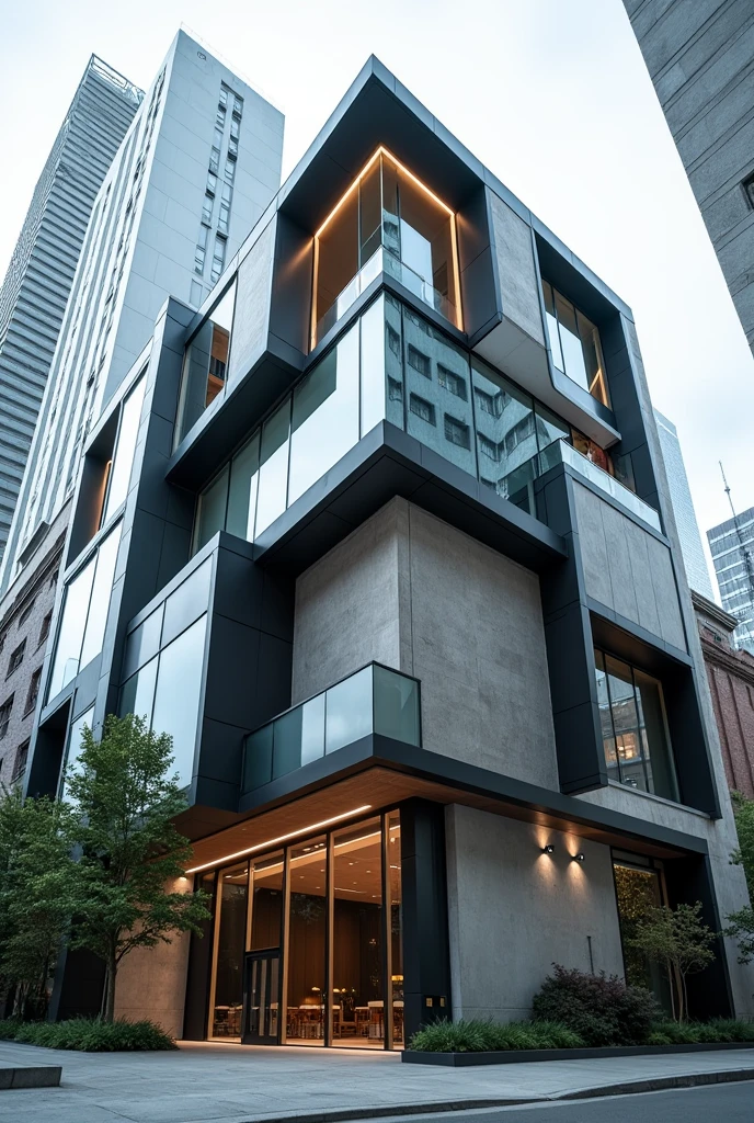 Exterior view of a building with a modern design from a very close-up