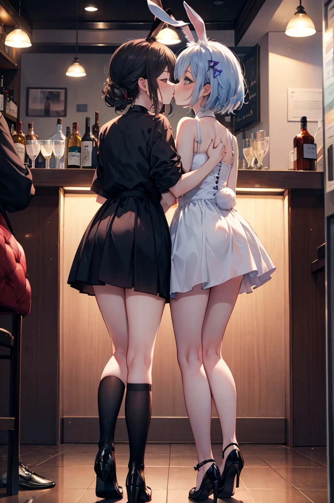 (masterpiece), 4K,{{{2 women}}}, Bunny girl,Lesbian,shoes,bar,Random Hairstyles,Bunny ears,kiss,((Lesbian Kiss)),Shooting from afar