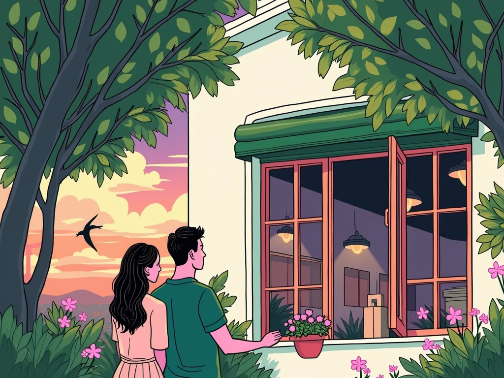 ((minimalism line style, lineart, line art), Illustration, simple art, vector art, flat style, figma, (a man and a woman are standing at the window, looking out the window, open window, view from the outside of the house, view from the street, flowers around, birds flying, bright colors)