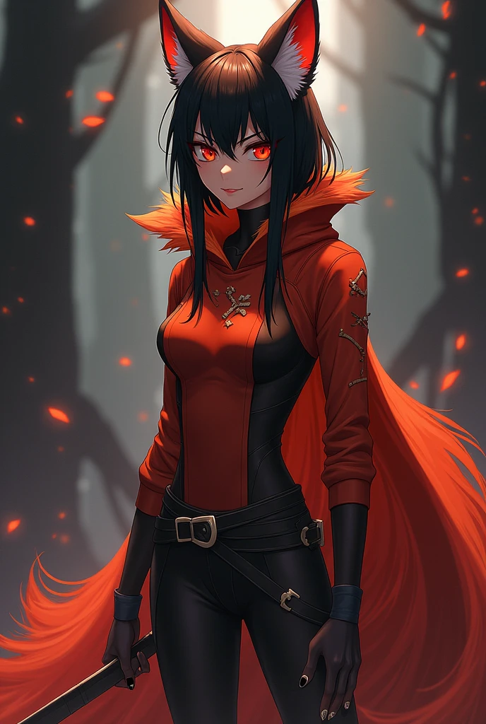 Create a rogue image (inspired by Ban, from Seven deadly sins) that is half human, half fox, whose garments must be reddish/orange (like the color of a fox), with red brown eyes, straight black hair, tall and slim
