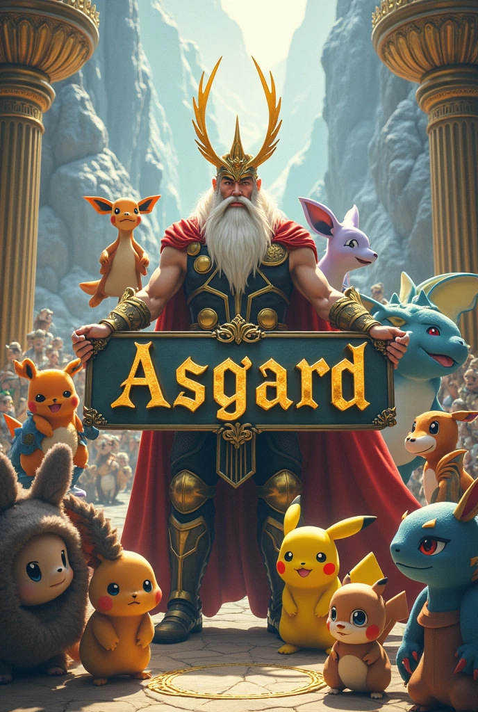 GODS OF ASGARD AND POKEMONS HOLDING A SIGN WITH ASGARD WRITTEN ON IT