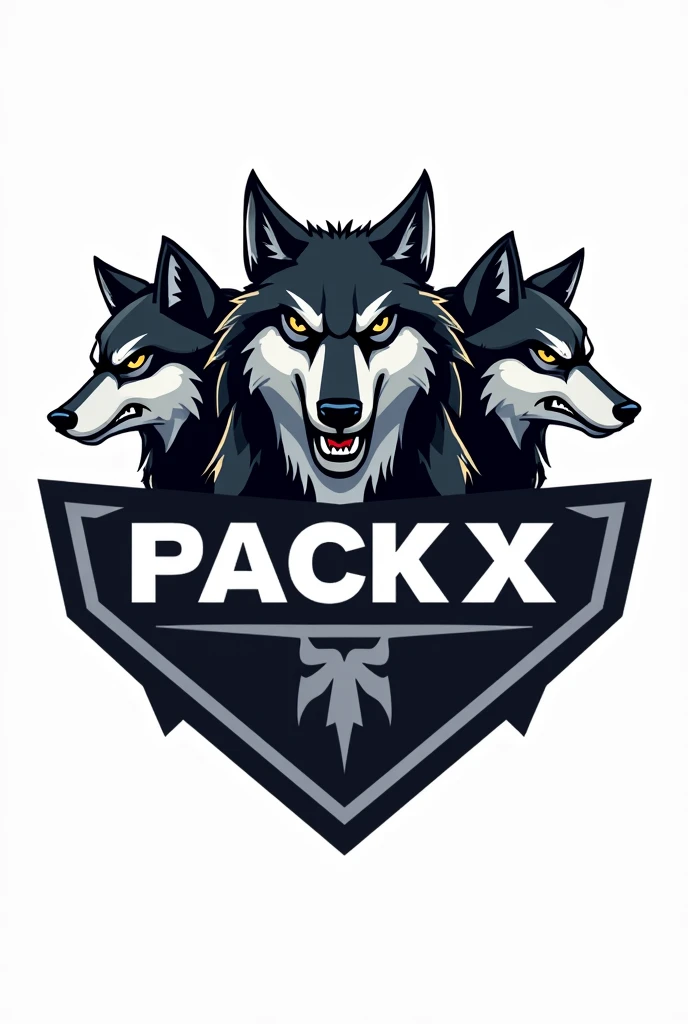 a team logo with 3 wolves and the name Pack X written in that logo The team name is Pack X 