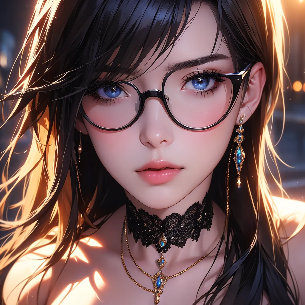 1girl, jewelry, glasses, solo, necklace, long hair, looking at viewer, earrings, bangs, black choker, lips, black-framed eyewear, blurry, blurry background, rolls her eyes, close-up, cinematic lighting, bright colors, photorealistic, concept art style, high quality, 8K, HDR, physical rendering, extreme detail, blur, depth of field, blurred foreground,
