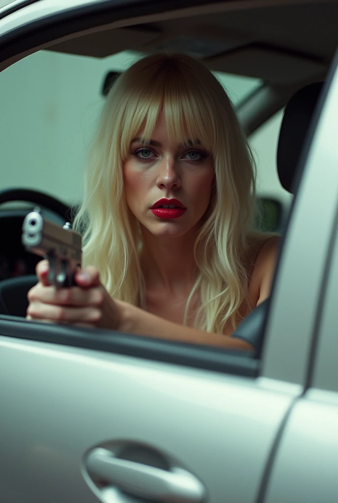 Make a man using a blonde woman's wig and lipstick, armed in a silver Ford KA