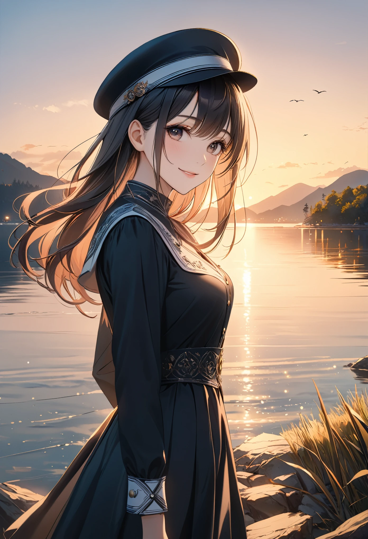 smile,hat,perfect anatomy,lakeside,sunset,cinematic lighting,(masterpiece,8k,Professional,perfect composition,very aesthetic,absurdres,ultra-detailed,intricate details:1.2),perfect proportion,hand