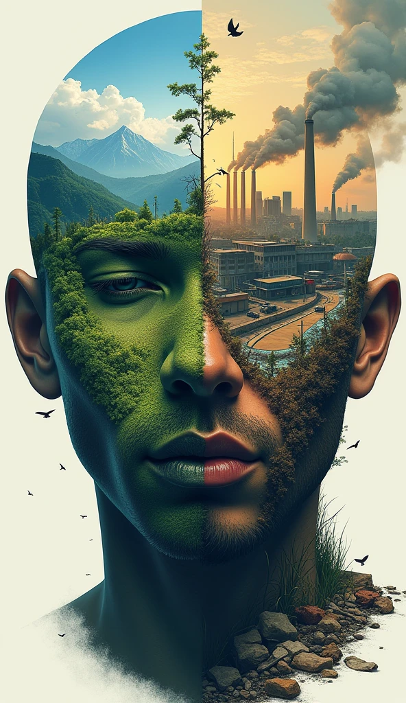 draw me a poster, (portrait) Left side of the face is a healthy environment with beutifull landscape and forest and mountains with beutifull scenery in the background. and the right side of the face is the opposite of it bad environment that has been developed by humans, manifacture(factories),Commercial buildings,trash, vehicles with smoke and waste. outside the face, is the same, left side has beutifull forest and mountains with animals, And the right side has factories, overpopulated areas, trash, vehicles ,buildings , and other polutions