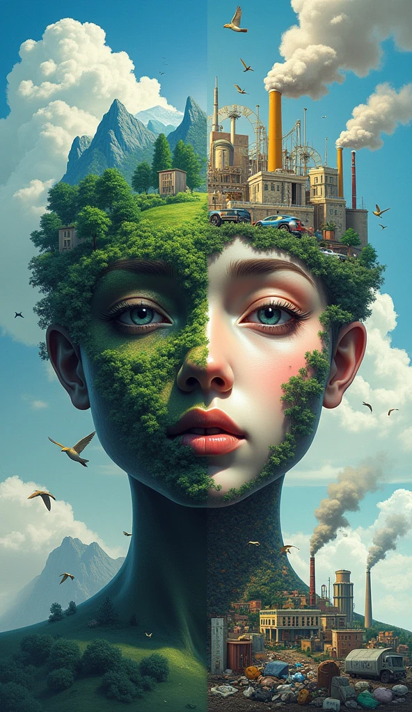draw me a poster, (portrait) Left side of the face is a healthy environment with beutifull landscape and forest and mountains with beutifull scenery in the background. and the right side of the face is the opposite of it bad environment that has been developed by humans, manifacture(factories),Commercial buildings,trash, vehicles with smoke and waste. outside the face, is the same, left side has beutifull forest and mountains with animals, And the right side has factories, overpopulated areas, trash, vehicles ,buildings , and other polutions