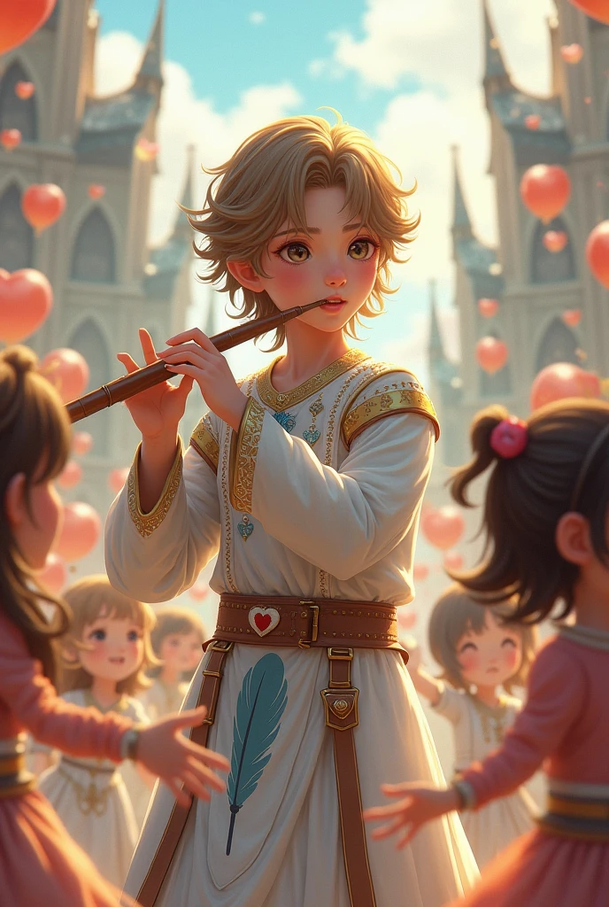 a young half-elf man with delicate, feminine features and shoulder-length light brown hair wearing white medieval clothing with a symbol of a light blue feather over a red heart drawn on the clothing at chest height, playing the flute and partying with anime style kids