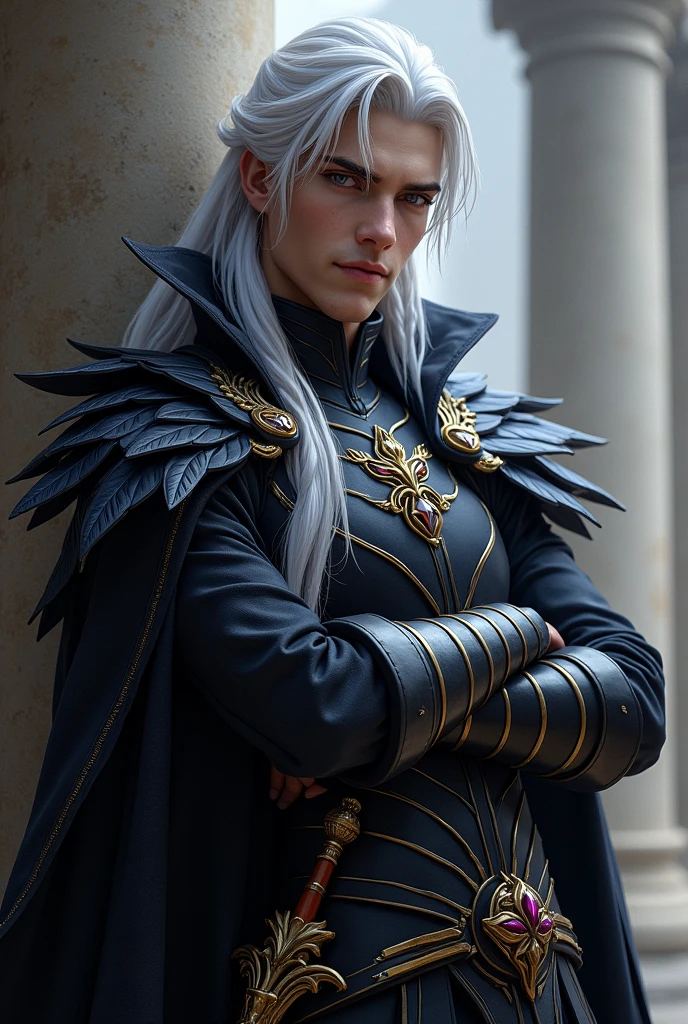 Create a powerful and beautiful prince of hell with lilac eyes and long white hair with some braids, Put on him elegant dark armor and leaf-shaped shoulder pads that fall over his arms and a black cape and a golden sword on his hip. That he is leaning against a wall, crossing his arms and has a captivating smile..