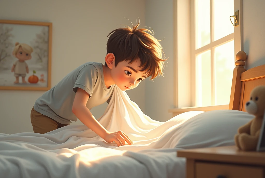 make a picture horizontally, where a  boy is seen, with brown hair, making his bed