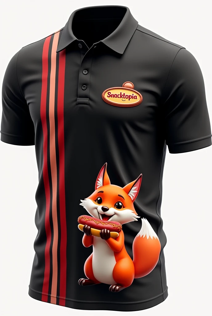 Black polo shirt with red lines and a small logo in the corner on the front of a cute little fox eating a hot dog that says snacktopia