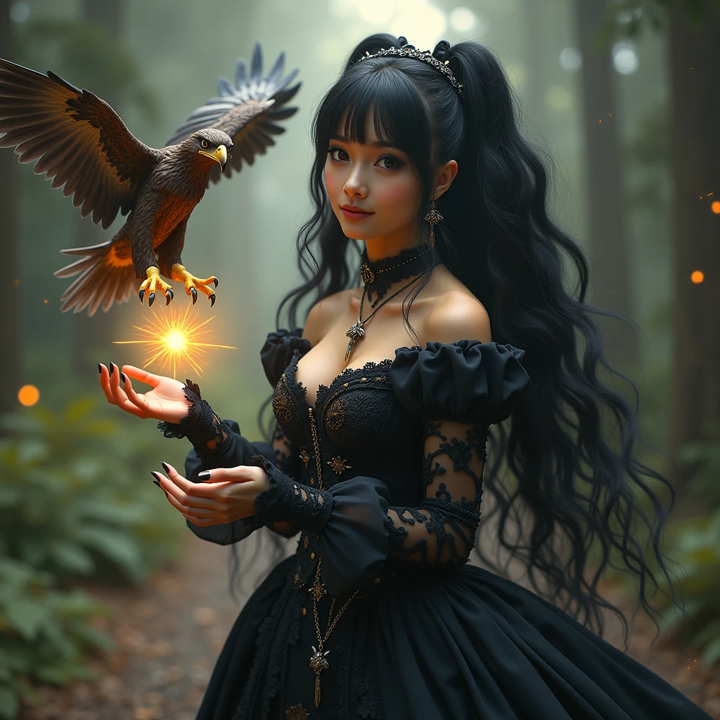 A beautiful young witch in a revealing and sensual Gothic ta Fashion, super huge breasts, with long black twin tails, beautiful eyes, confident smile, girl remains in human form.
summoning a small and cute Griffon from a shining magical circle, Several small griffons appear and fly around the girl,
(Griffon have four legs)
((A Griffon is a four-legged chimera monster with the head and wings of an eagle, the clawed feet of an eagle on its front legs, and the body, hind legs, and tail of a lion.))
intricate fantasy landscape, realistic, cinematic lighting, dramatic colors, highly detailed, cinematic composition, digital art, concept art, fantasy art, Realistic, (Raw Photo), (ultra-detail: 1.2), (high resolution: 1.3), masterpiece, 8k, photo-realistic, hyper detailed,