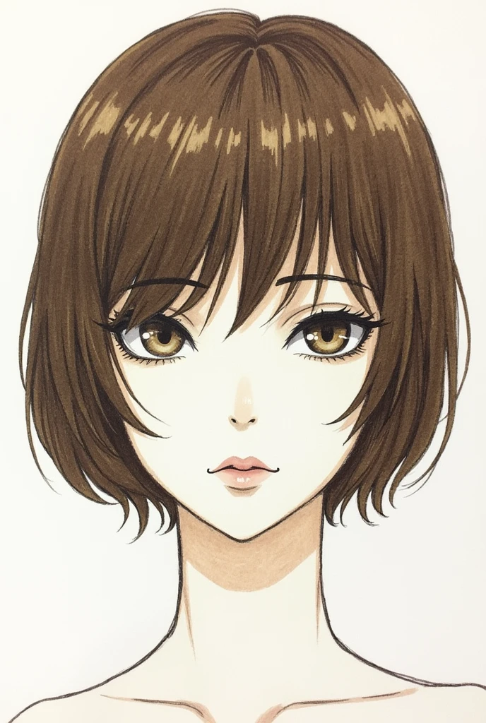 drawing of a woman with a bob with brown bangs and slanted eyes