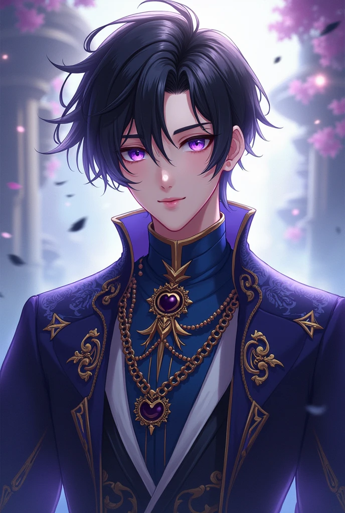 Adult boy black hair violet eyes wearing ancient period costume fantasy anime style 