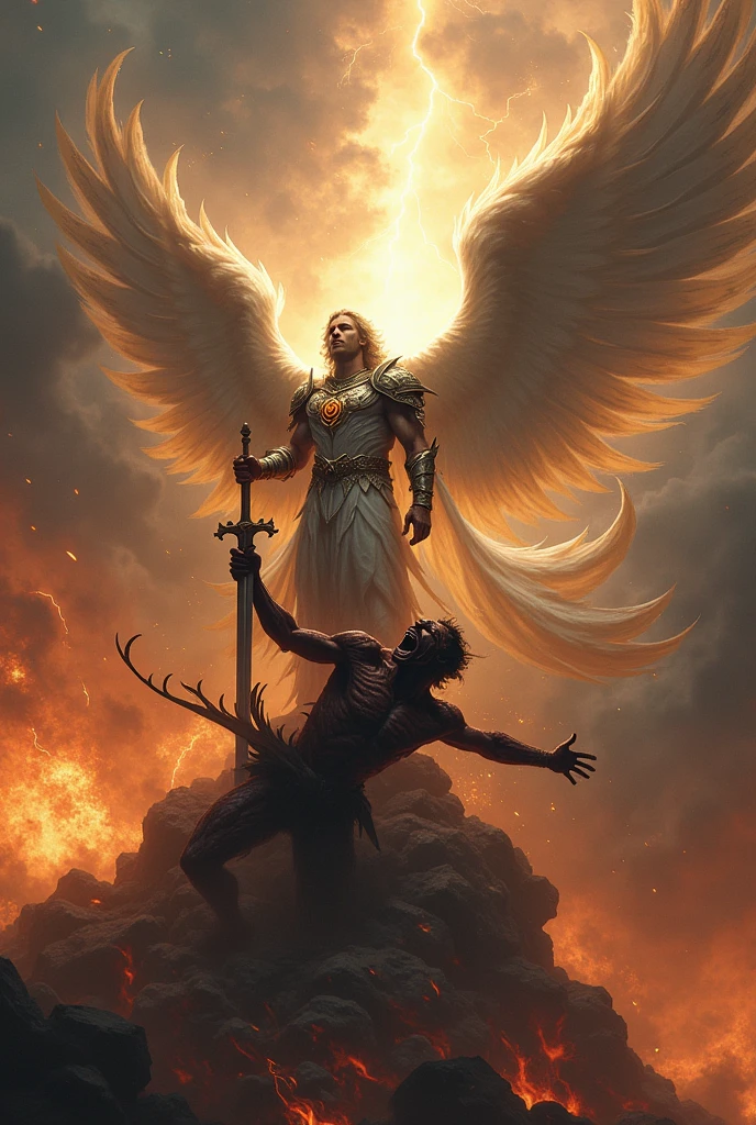 I want an epic image of the angel Michael defeating Lucifer with his sword