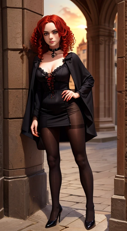 Valencia:1 Girl), A Masterpiece, Best quality, Raw Photo, lifelike, FACE, Incredibly ridiculous, beautiful vampire girl, very curly red hair, gothic minidress, pantyhose crotch, shoes, sun shiny day