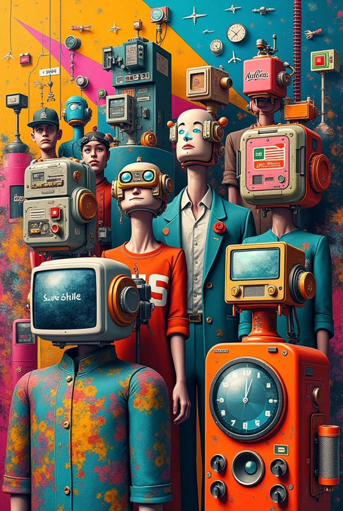 Make an image that looks like a collage, that criticizes the exaggerated consumerism of technology, with pop art style . So that it looks like a collage.