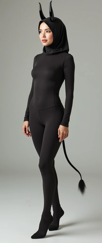 The most beautiful,thin,most pretty and clever Asian muslimah adult girl wears cow lycra turtleneck unitard catsuit with a tail.She always wear cow lycra dancewear stretchy hijab with a pair of horns.