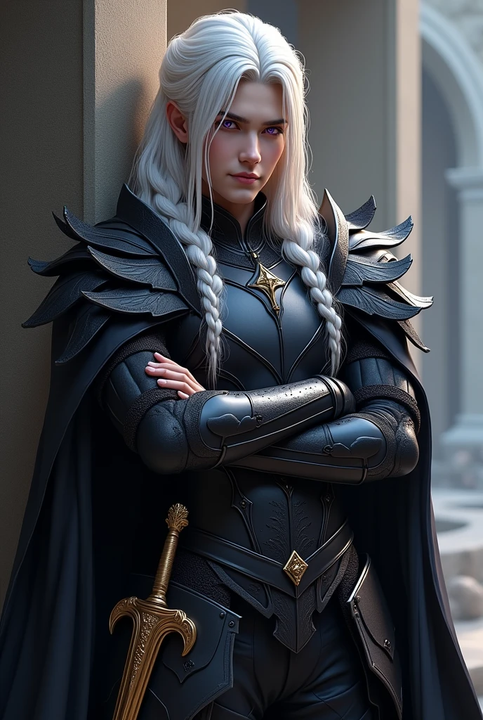 Create a powerful and beautiful prince of hell with lilac eyes and long white hair with some braids, Put on him elegant dark armor and leaf-shaped shoulder pads that fall over his arms and a black cape and a golden sword on his hip. That he is leaning against a wall, crossing his arms and has a captivating smile..