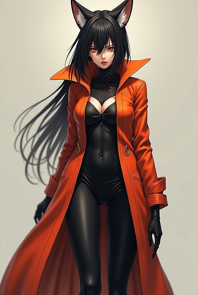 Create an image of a rogue man (inspired by Ban, from Seven deadly sins) that is half human, half fox, whose garments must be reddish/orange (like the color of a fox), with red brown eyes, straight black hair, tall and slim
