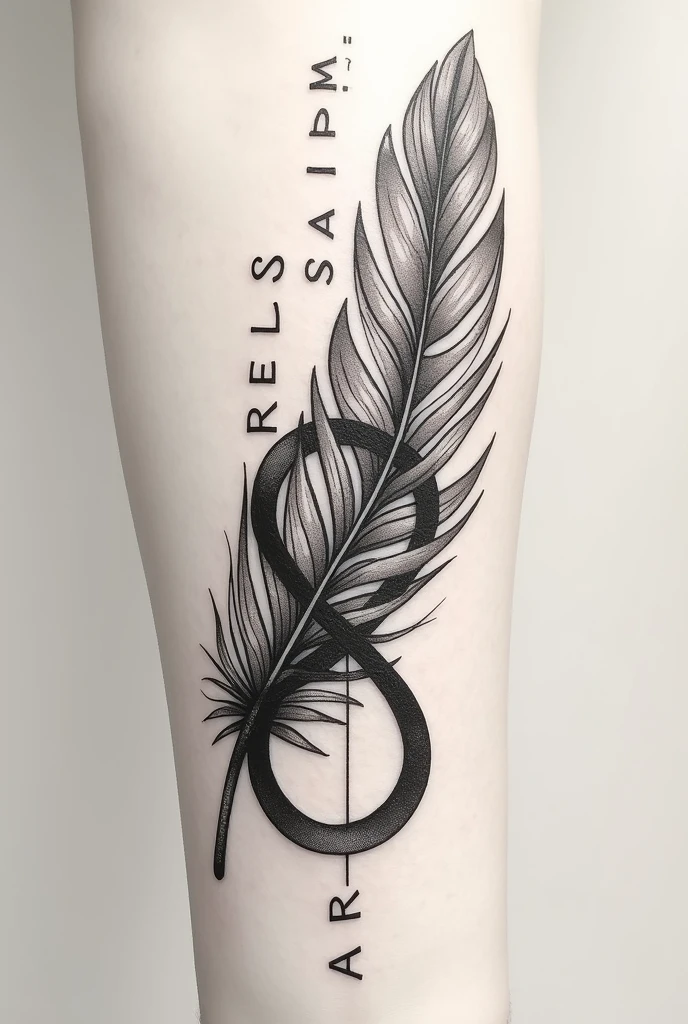 Infinity tattoo with a feather with the name Cristian and Saira
