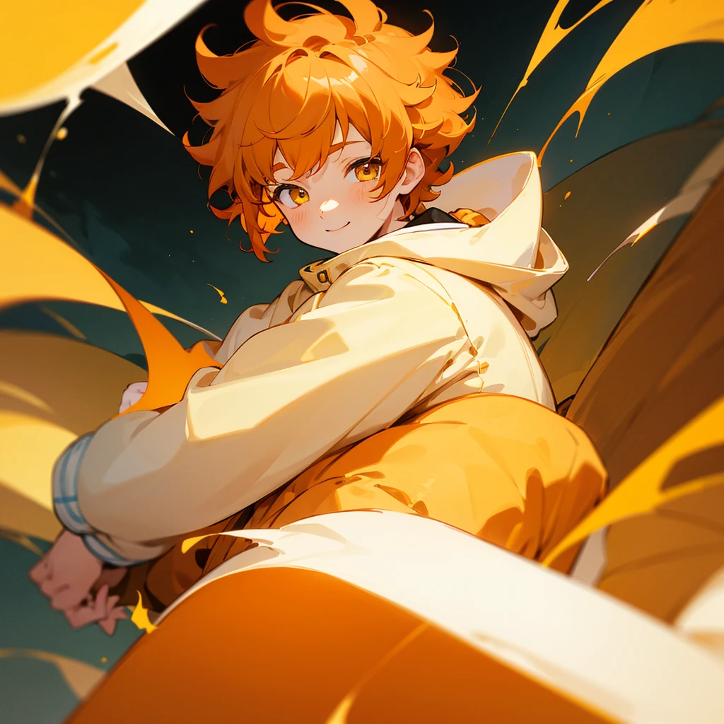 1boy, white skin, yellow eyes, orange hair, ginger hair, cute, light yellow oversized hoodie, boy, short curly hair, cute, half body, short boy, fringe bangs, innocent, feminine face, fluffy vurly hair, round big cheeks
Alta resolução, smile,
