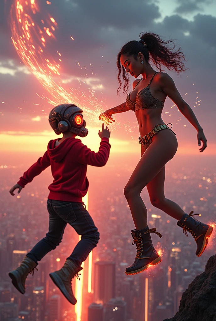 Zendaya, realistic, big breasts, microphone, full body & Youg boy with red hoodie, headphones, Star-lord helmet, rocket boots, gas helmet, covered mouth, round red, eyes, front cover, Kid Star-lord with red hoodie, headphones, star-lord helmet, gas helmet, covered mouth, round red eyes, Red eyes, magic rings in the hands and rocket boots, Fighting, power, fiction, 2 persons, magic lasso, hight, fall, DJ, view of the city from above, flying in the sky, capa roja, fuego debajo de los zapatos.