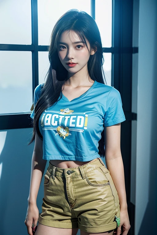 สาวเกาหลีสุดสวยwatchเหมือนภาพวาด 4 มิติ,(watch), I parted ways directly., My hair is great., Ideal , Blue cropped t-shirt with printed message., shorts, stand (window background), bright colors, studio lights, gentle fire, The light is dim., 3D animation looking at the audience,