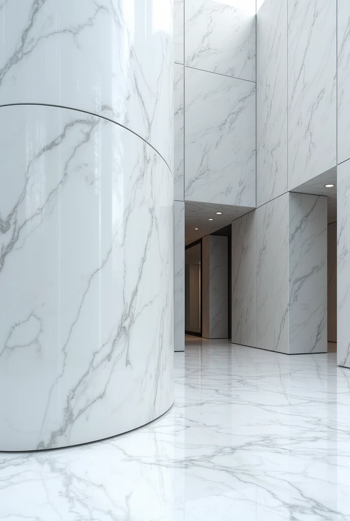 Exterior view of a building with a modern design from a very close-up, made of more marble than glass
