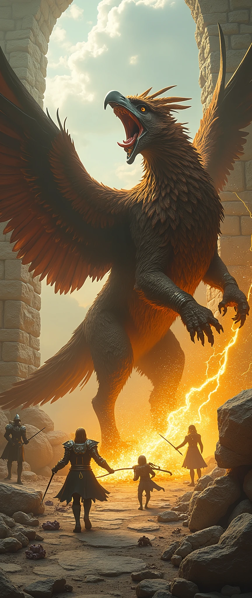 A gryphon\(,eagle wings and head, long ears,lion body,wet with blood, pierced by arrow, angry, attacking the team in very dynamic pose\) is guarding his shining gold treasures behind him in a beautiful chalk ruin, 1team\(a strong knight in full plate armor holding a sword, a beautiful elf archer man , a beautiful wizard woman holding magic wand\) are fighting the gryphon, the gryphon is attacking the team by manipulating a storm, old corpses slaughtered by the gryphon lie in front Three-dimensional, very powerful and realistic game screen shots, massive illustration, wonderful artwork of famous wonderful painter, baroque paintings,dynamic camera angle, powerful concentration line